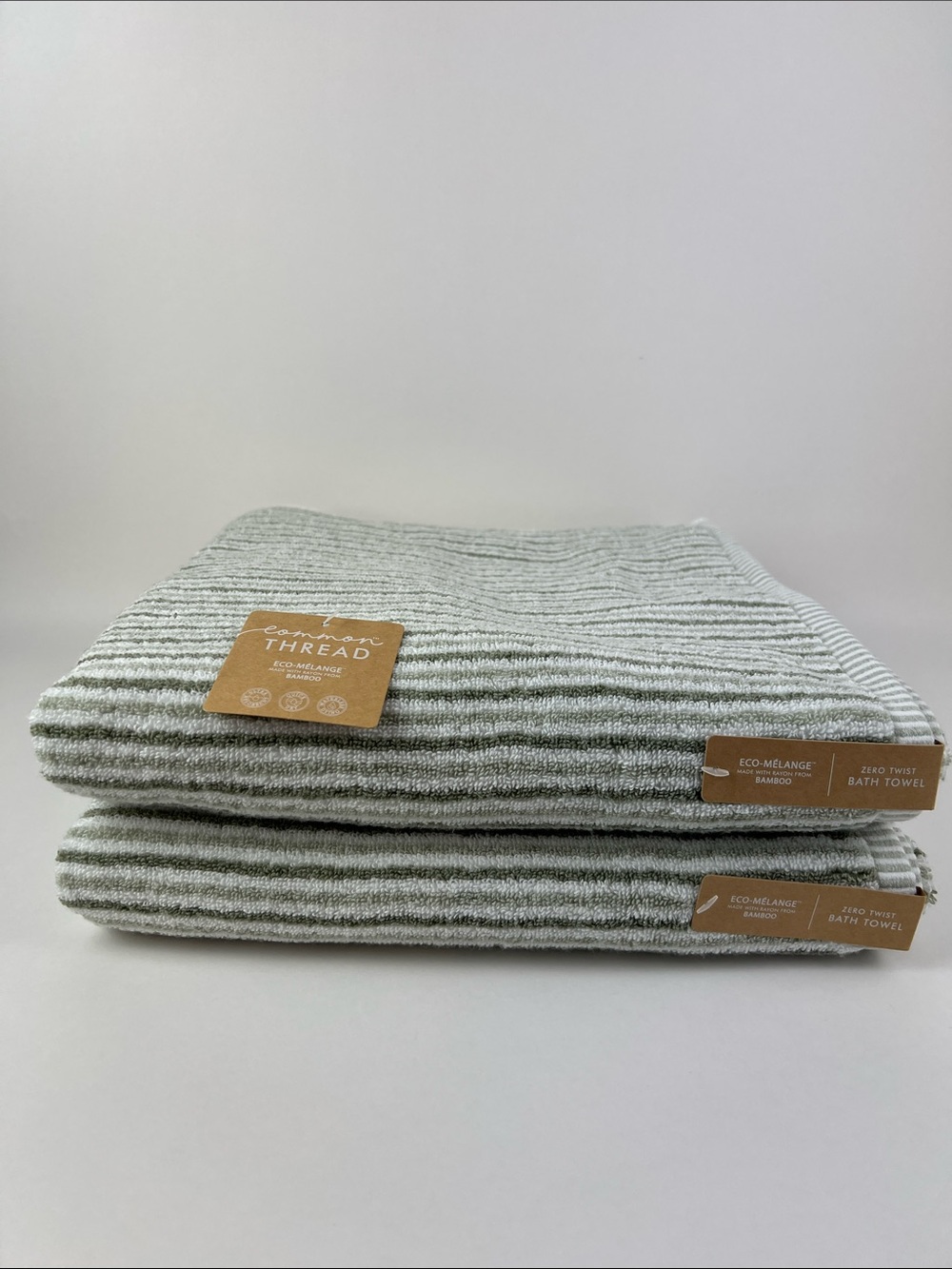 Common Thread Bamboo Bath Towels Eco-Melange Green White Stripe 2 Pc NEW